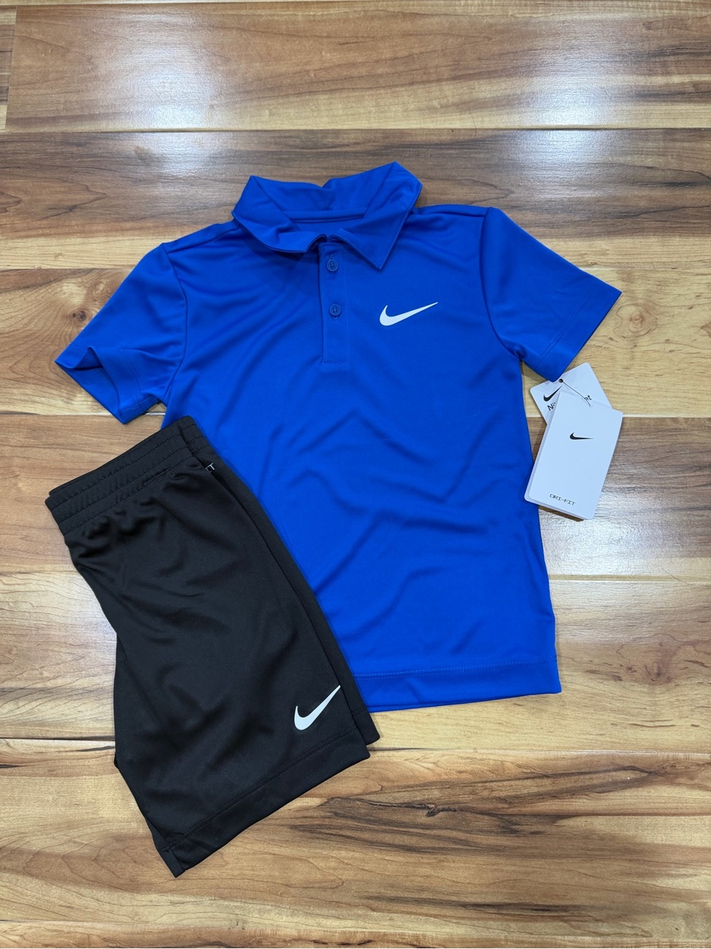 Nike Boys Drifit Blue Polo Shirt with Black Athletic Shorts Set, New